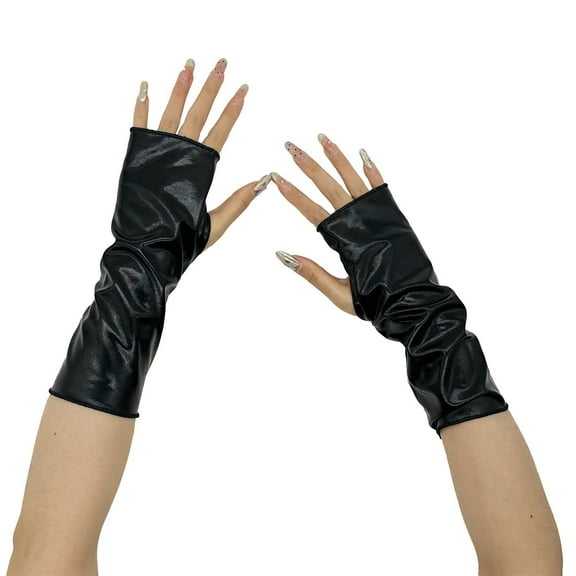 Fingerless Metallic Gloves for Cosplay,Shiny Opera Style Long Gloves with Reflective Coating,Glitter Costume Accessories for Role Play,Elegant Evening Gloves for Adults and Performance Events Black