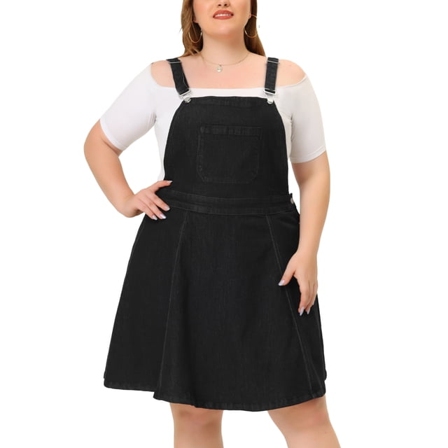 Women's Plus Size Jeans Suspender Skirt Patch Pocket Side Button Adjustable Strap Denim Overall Dress Black 4X