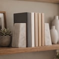 thumbnail image 3 of Trapezoid Book Ends for Bookshelf Decor - Modern Marble and Brass Book Accessories for Home Library, Office or Desk Decor - Heavyweight Stone Bookends for  Decorative Storage - Set of 2, 6", White, 3 of 12