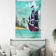 thumbnail image 4 of Blue Nautical Tapestry, Graphic Image of a Pirate Ship on Water near an Island Skull and Bones, Wall Hanging for Bedroom Living Room Dorm Decor, 60W X 80L Inches, Multicolor, by Ambesonne, 4 of 5