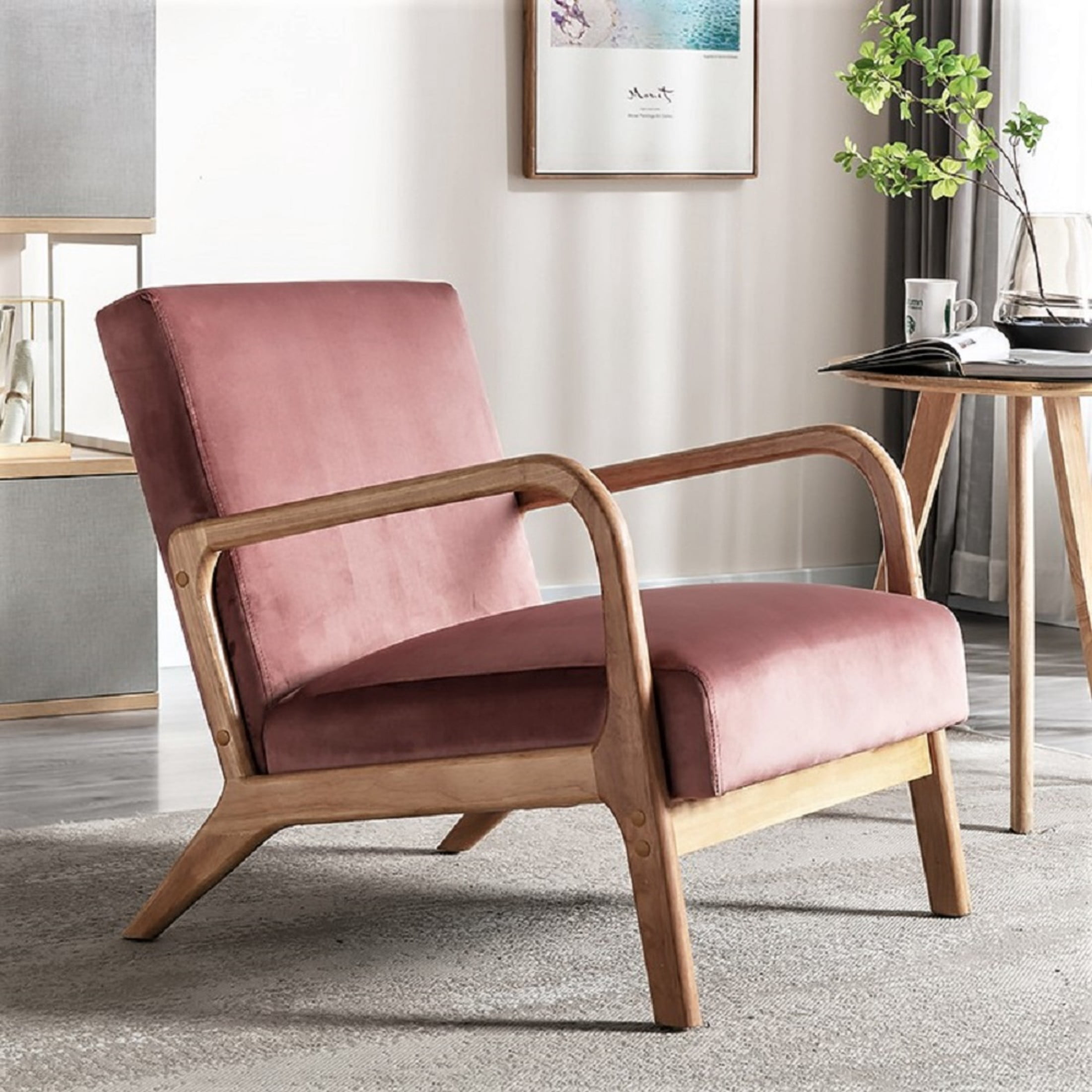 GDF Studio 32.7" Mid-Century Modern Accent Chair with Open Wood Frame, Plush Velvet Upholstery, Rose
