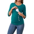 thumbnail image 4 of INSPIRE CHIC Womens V Neck Blouse 3/4 Sleeves Nursing Shirts Solid Ribbed Knitted Buttons Decor Ruched Maternity Tops Large Peacock Blue, 4 of 6