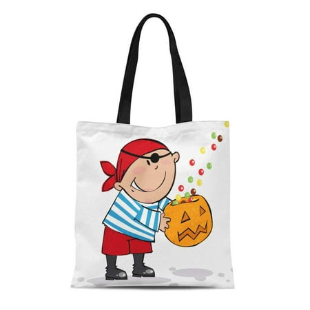 SIDONKU Canvas Tote Bag Orange Costume Trick Treat Halloween Pirate Boy Autumn Black Durable Reusable Shopping Shoulder Grocery Bag