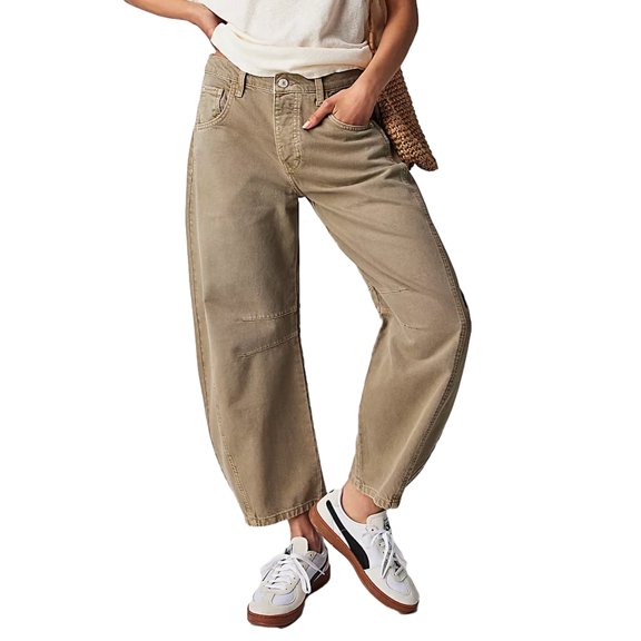 Women Loose Jeans Solid Color Mid-Rise Barrel Denim Pants