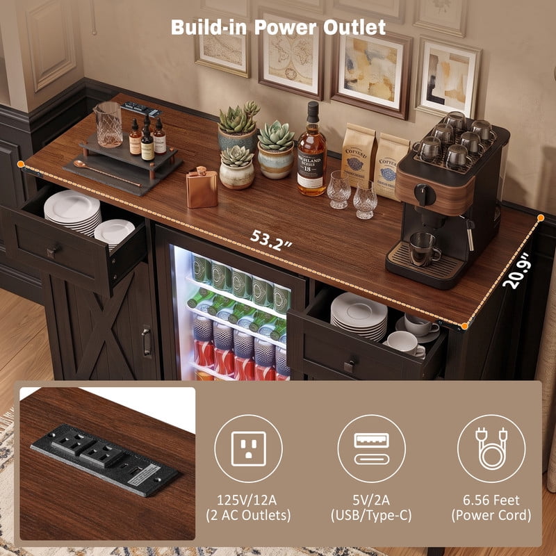 Farmhouse Bar Cabinet with Power Outlet, Home Coffee Storage Cabinet with Mini Fridge Nook, Sideboard Buffet with Barn Doors & 2 Drawers