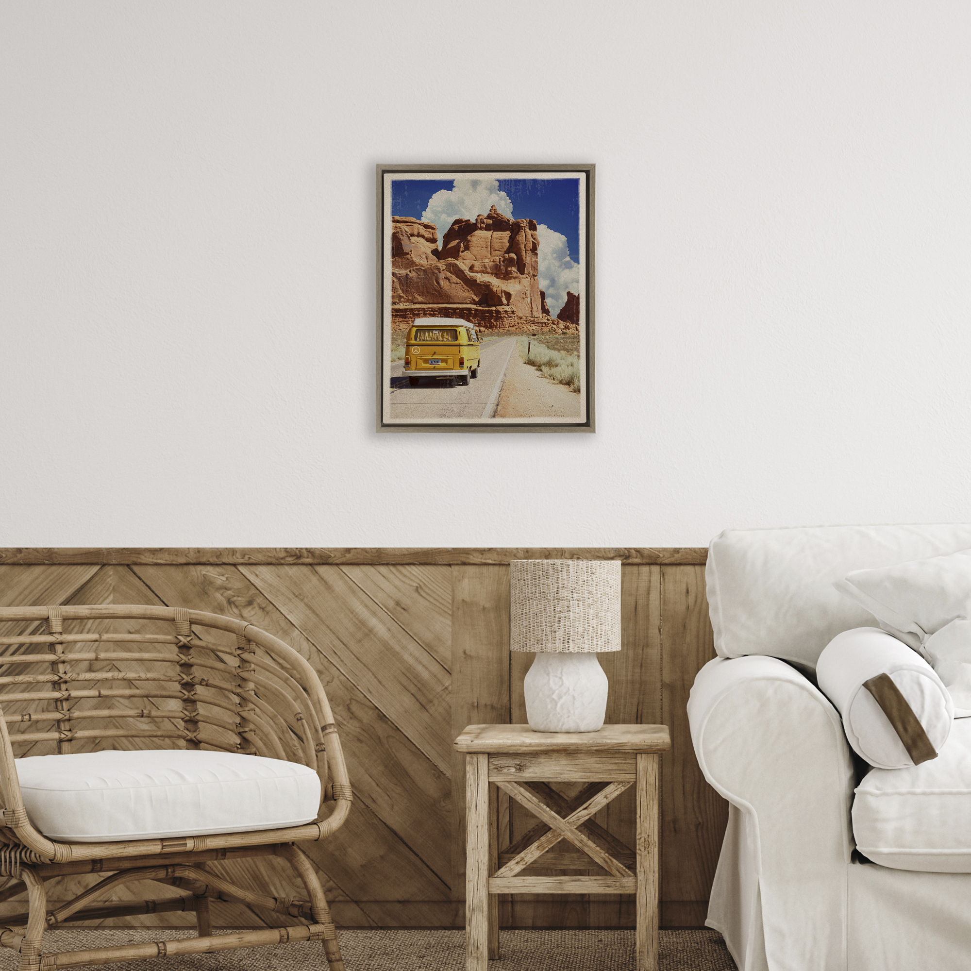 Retro Desert Adventure Brown Framed Floater Canvas Wall Art, design by Old Red Truck
