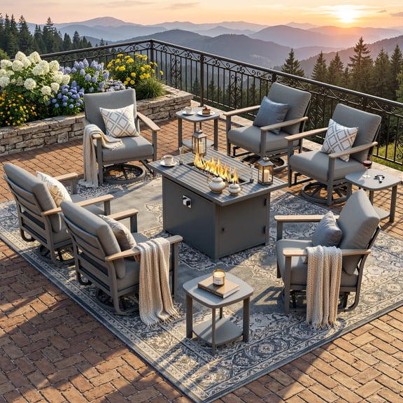 Muphyers 10 Pcs Aluminum Swivel Rocking Chair Set, Patio Furniture Set with 55000 BTU 2-in-1 Fire Pit Table, Wide Seat 5.1" Thick Cushion Outdoor Conversation Set for Deck Porch Poolside,Gray