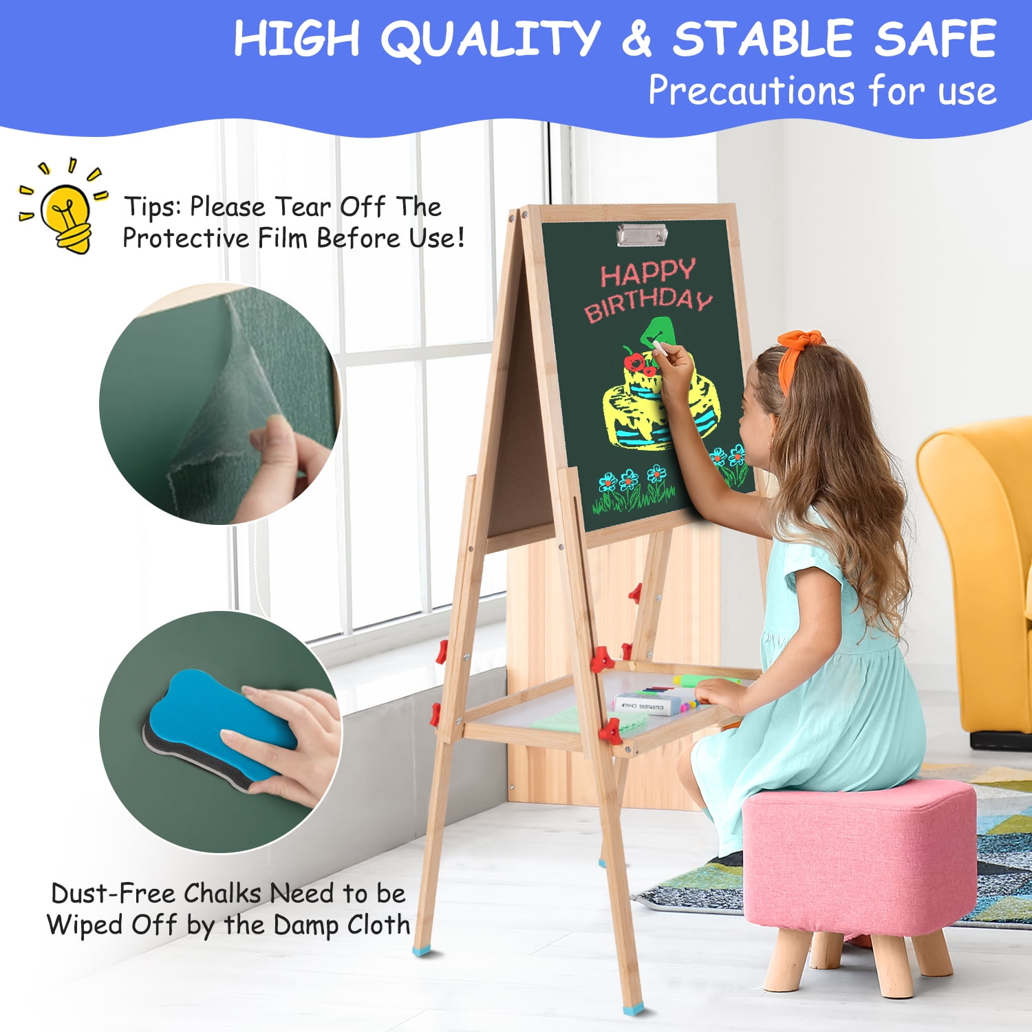 Xueyu 39" - 47.43" Adjustable Bamboo Children's Art Easel with Whiteboard, Chalkboard, Accessories and Tray
