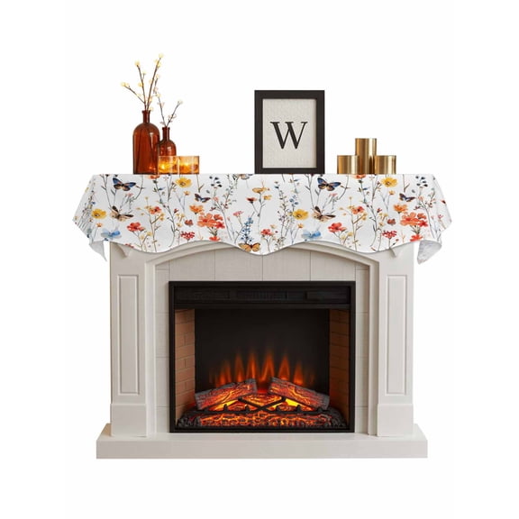 Fireplace Mantel Scarf,Spring Garden Flower Butterfly Mantle Cover Runner Pastoral Floral on White Fireplace Shelf Top Runner for Home Living Room Holiday Party Decor,60x17in