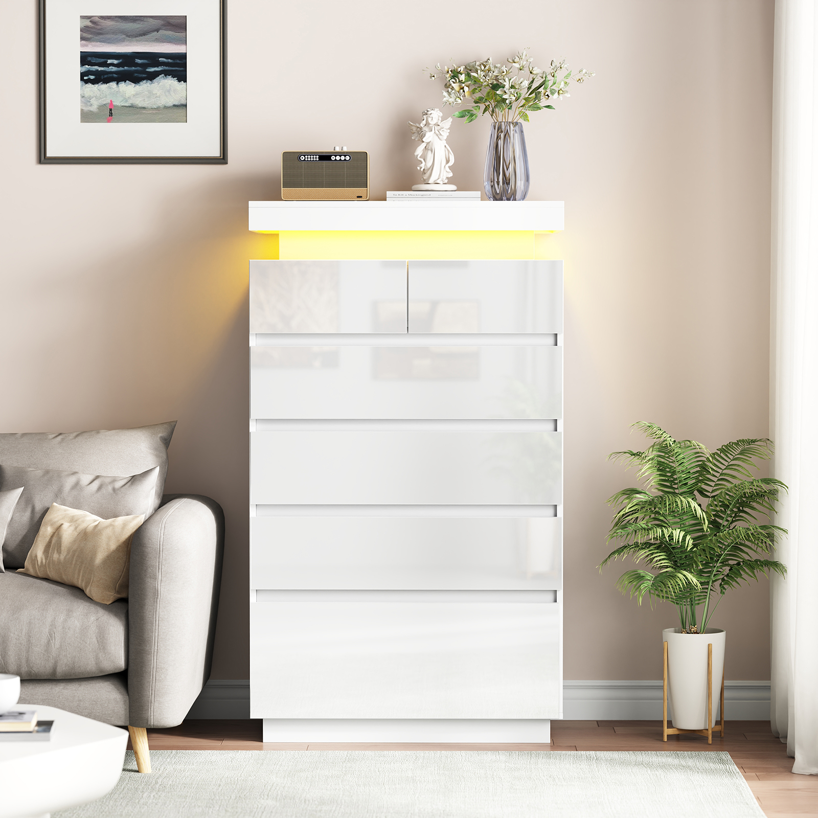 6 Drawers Dresser, Modern Tall Dresser for Closet with Adjustable LED Lights, High Gloss Chests of Drawers, Wood Storage Cabinet for Bedroom, Entryway, Living Room, Dressing Room, White