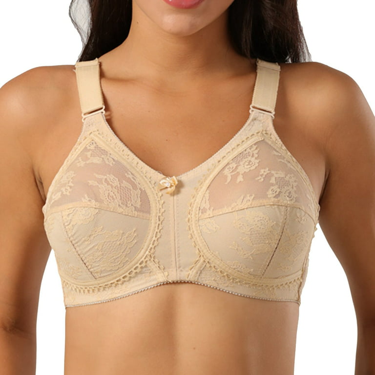 ALSLIAO Ladies Plus Size Firm Support Non Wired Lace Non Padded Full Cup  Bra Minimiser Beige 95D/42D