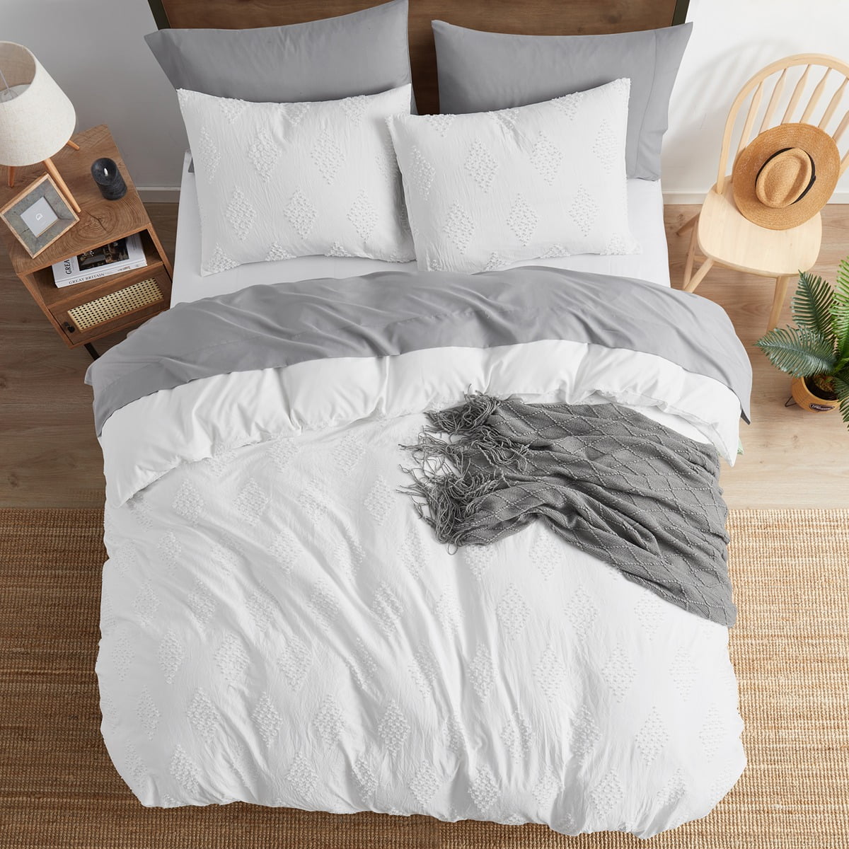 Nestl Boho 3 Piece Duvet Cover Set, Tufted Embroidery Double Brushed Duvet Cover with Button Closure with 2 Pillow Shams, Twin (68"x90") - White