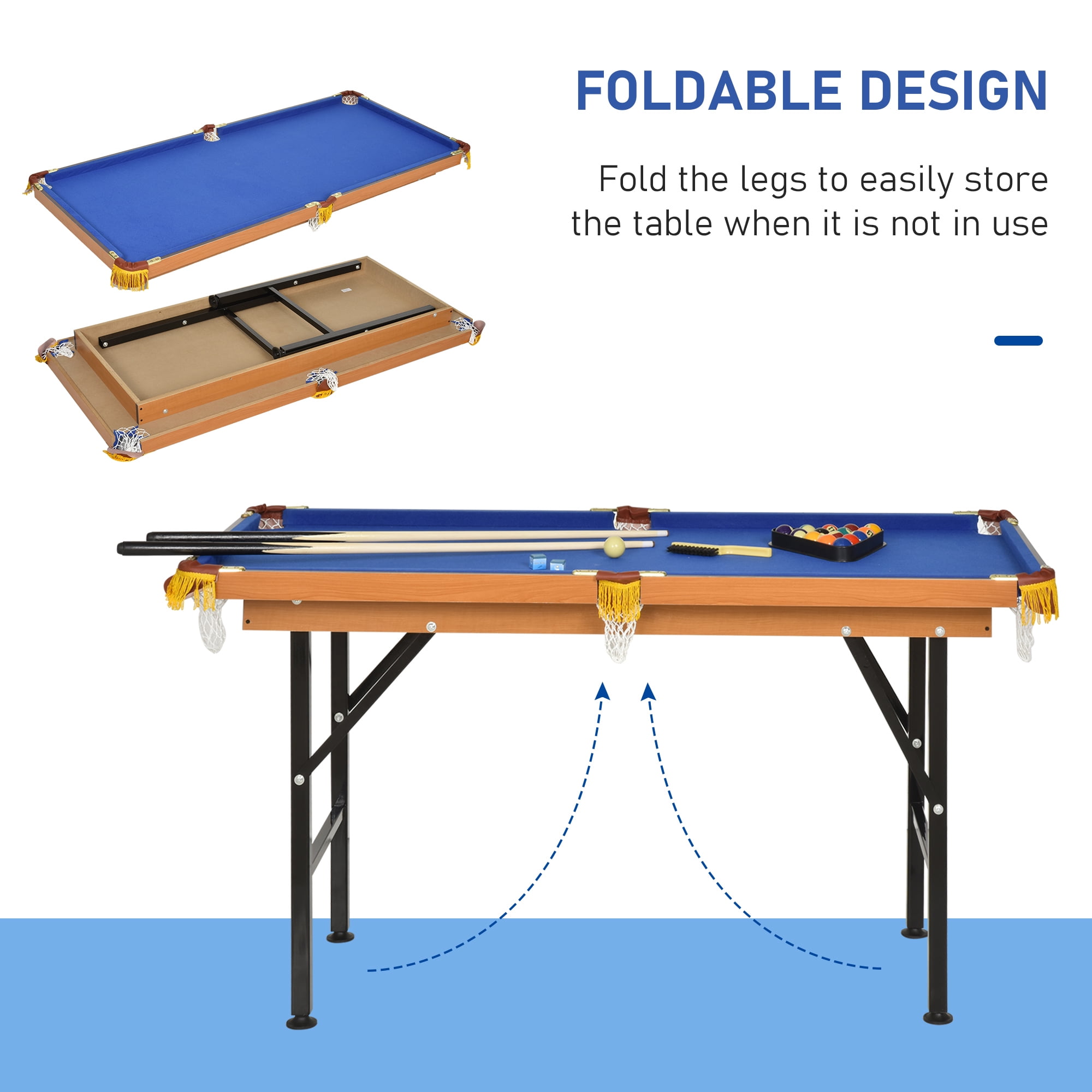 Soozier 55'' Portable Folding Billiards Table Game Pool Table for Kids Adults With Cues, Ball, Rack, Brush, Chalk, Blue