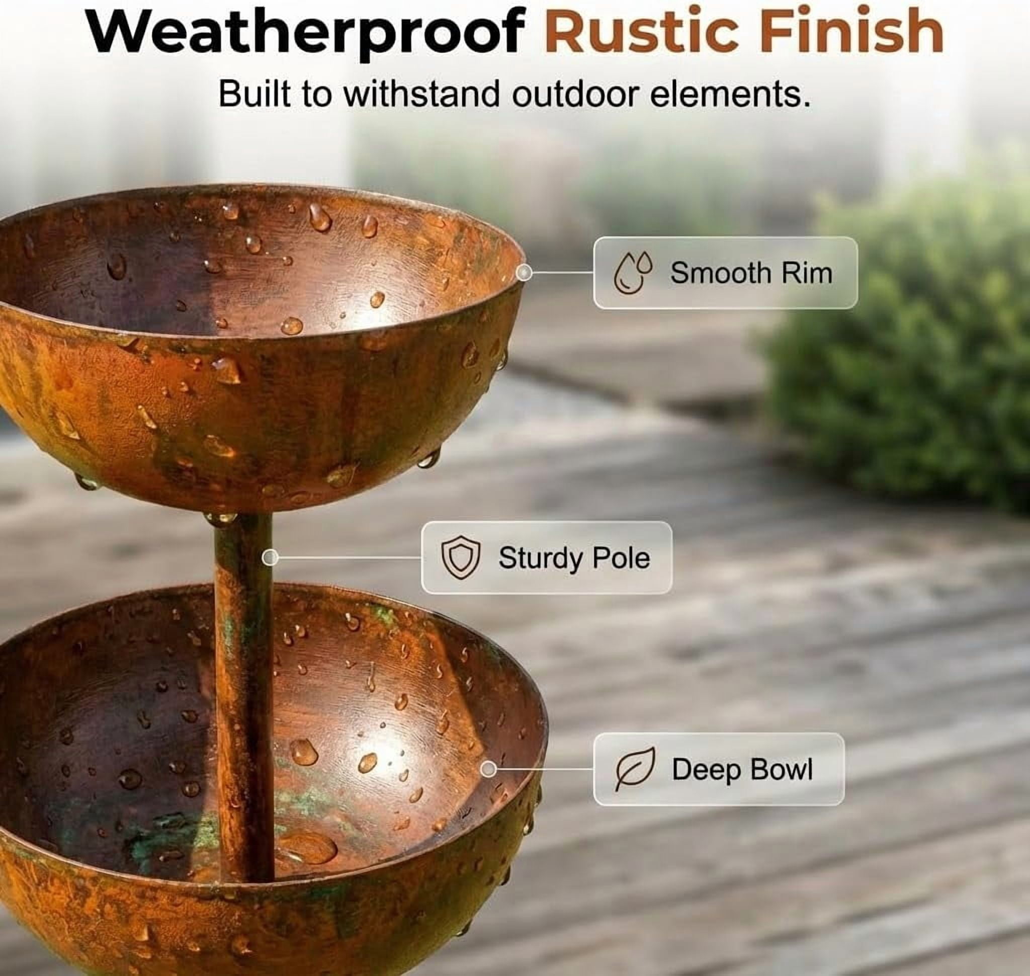 Decorative Rain Catcher Garden Stake, 3-Tiered Metal Water Bowls Bird Bath and Butterfly Feeder for Outdoor Yard Art Landscape Decoration (1 Piece, Rust)