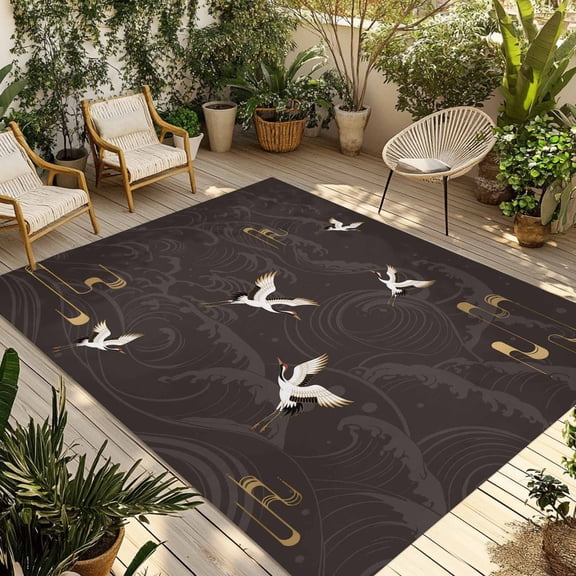 Japanese Style Outdoor Rug for Patio/Deck/Porch, Non-Slip Large Area Rug 5 x 8 Ft, Vintage Cranes Ocean Wave Black Grey Indoor Outdoor Rugs Washable Area Rugs, Reversible Camping Rug Carpet Runner