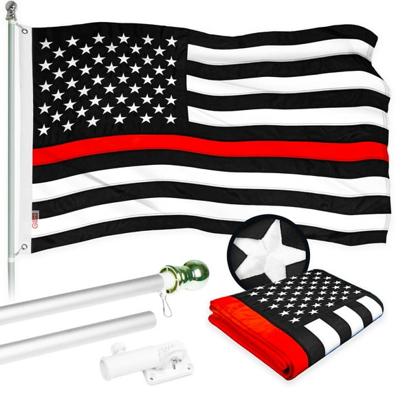 G128 - 5 Feet Tangle Free Spinning Flagpole (Silver) Thin Red Line Flag Brass Grommets Embroidered 2x3 ft (Flag Included) Aluminum Flag Pole