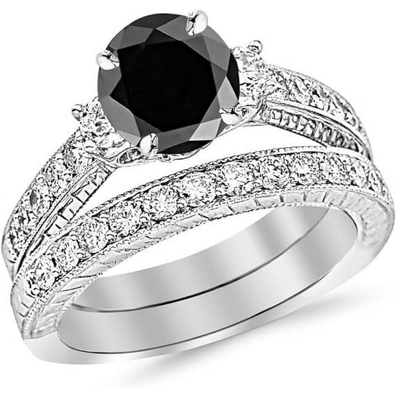 beryl_creation 925 Sterling Silver 1.35 Ct Round Cut Black & White Diamond Engagement Bridal Ring Set 14K White Gold Plated For Women's -6.5