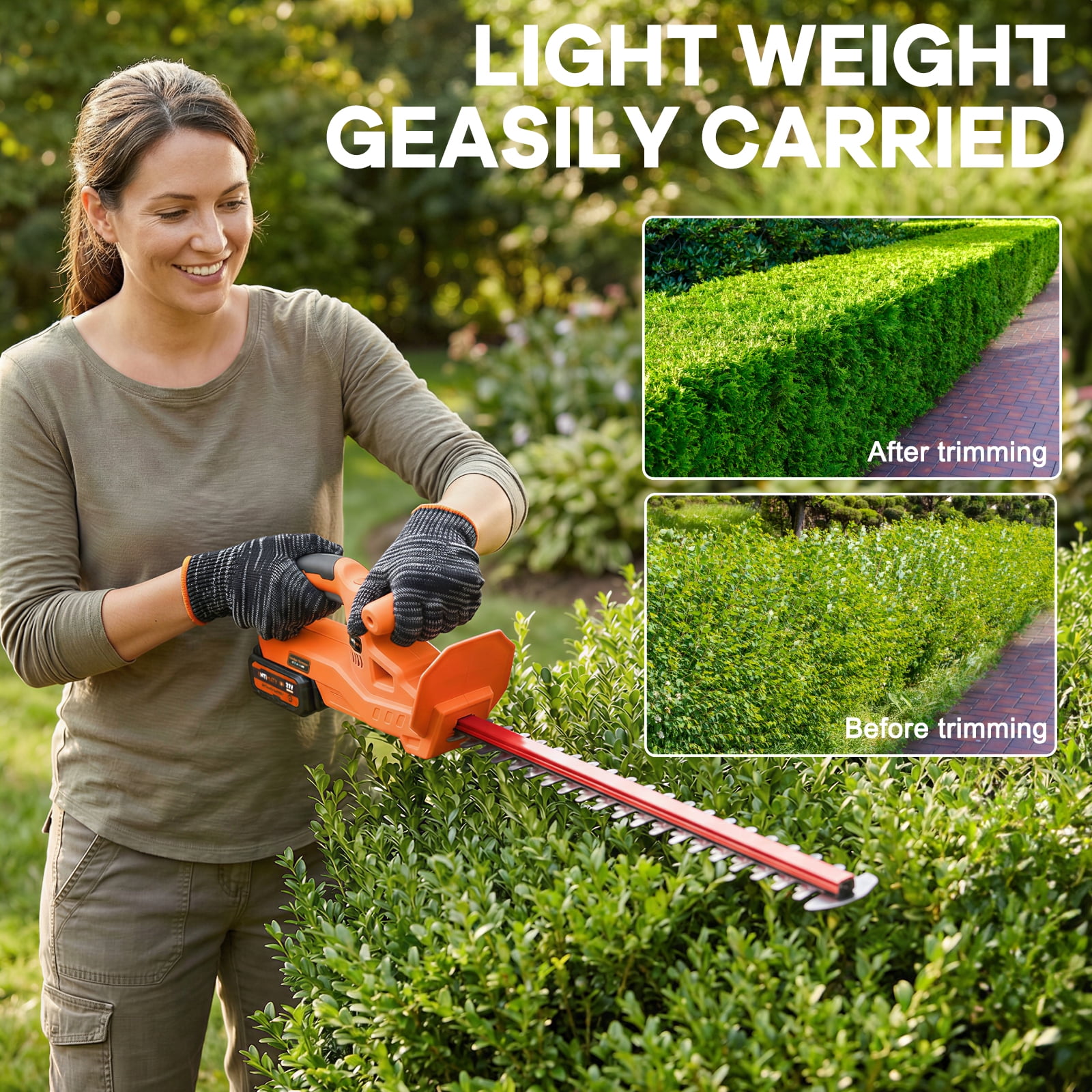21V Cordless Hedge Trimmer with 21" Dual-Action Blade, UNTIMATY Electric Hedge Cutter with 3.0Ah Battery and Fast Charger for Garden, Shrub, Grass and Lawn, Orange