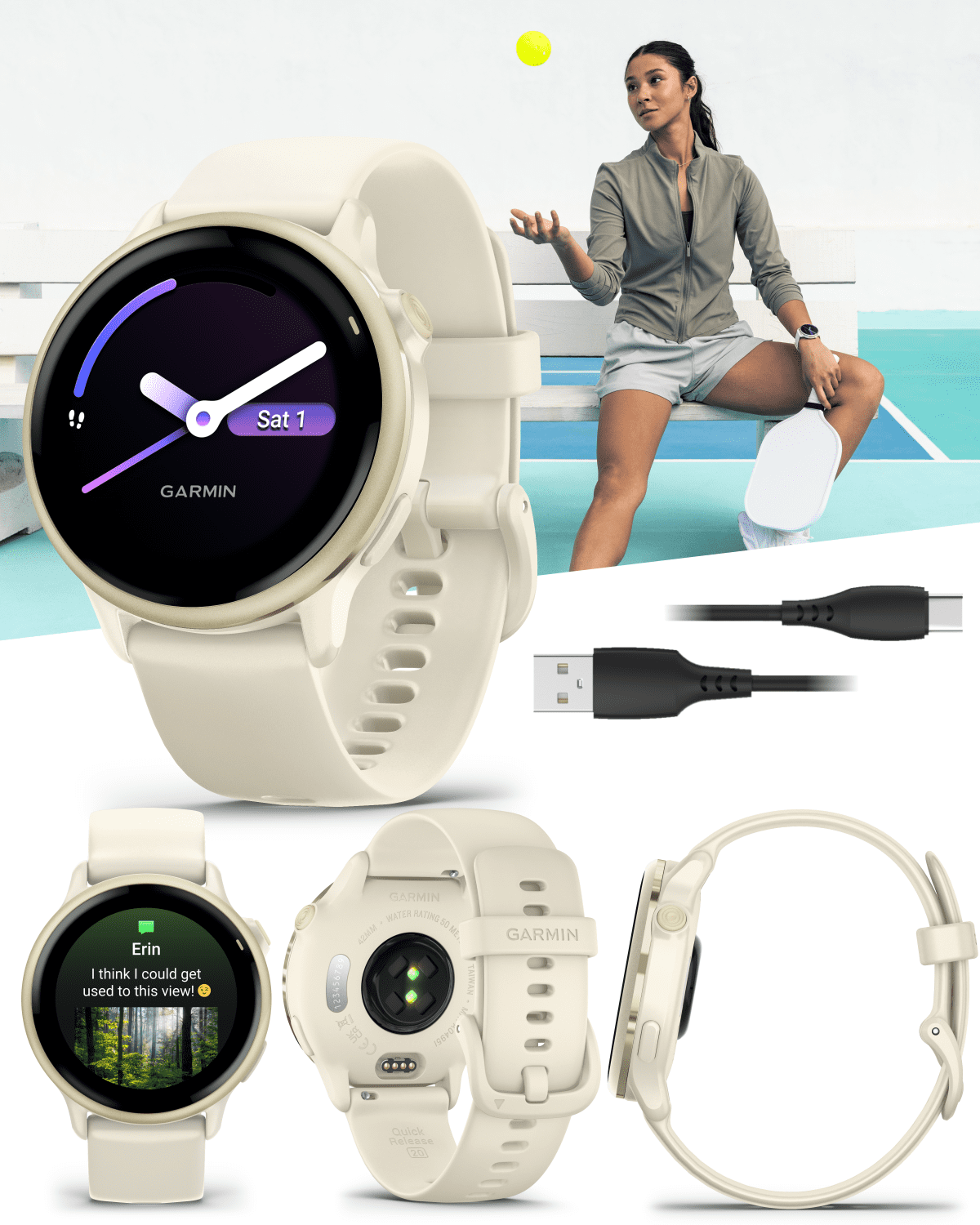 Garmin Vivoactive 6 - Health & Wellness GPS Smartwatch, 1.2 in Bright AMOLED Display, Lunar Gold with Bone Band w/ Wearable4U Black EarBuds Bundle