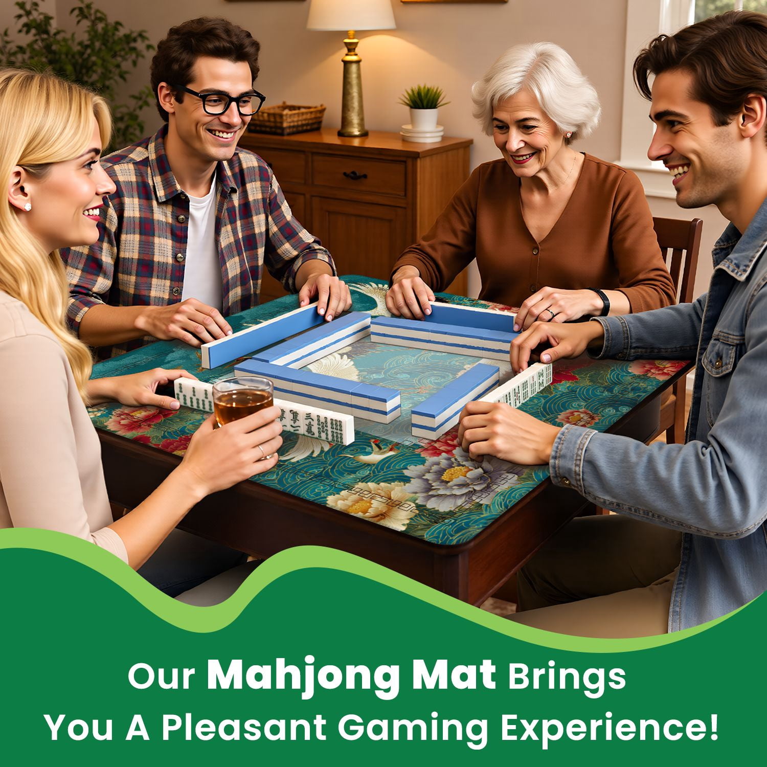 Mahjong Mat 31.5" x 31.5" Japanese seamless crane birds elements Asian Non-Slip Noise Reduction American Mahjong Tiles Table Cover for Dominoes Poker Card Board Games Gift