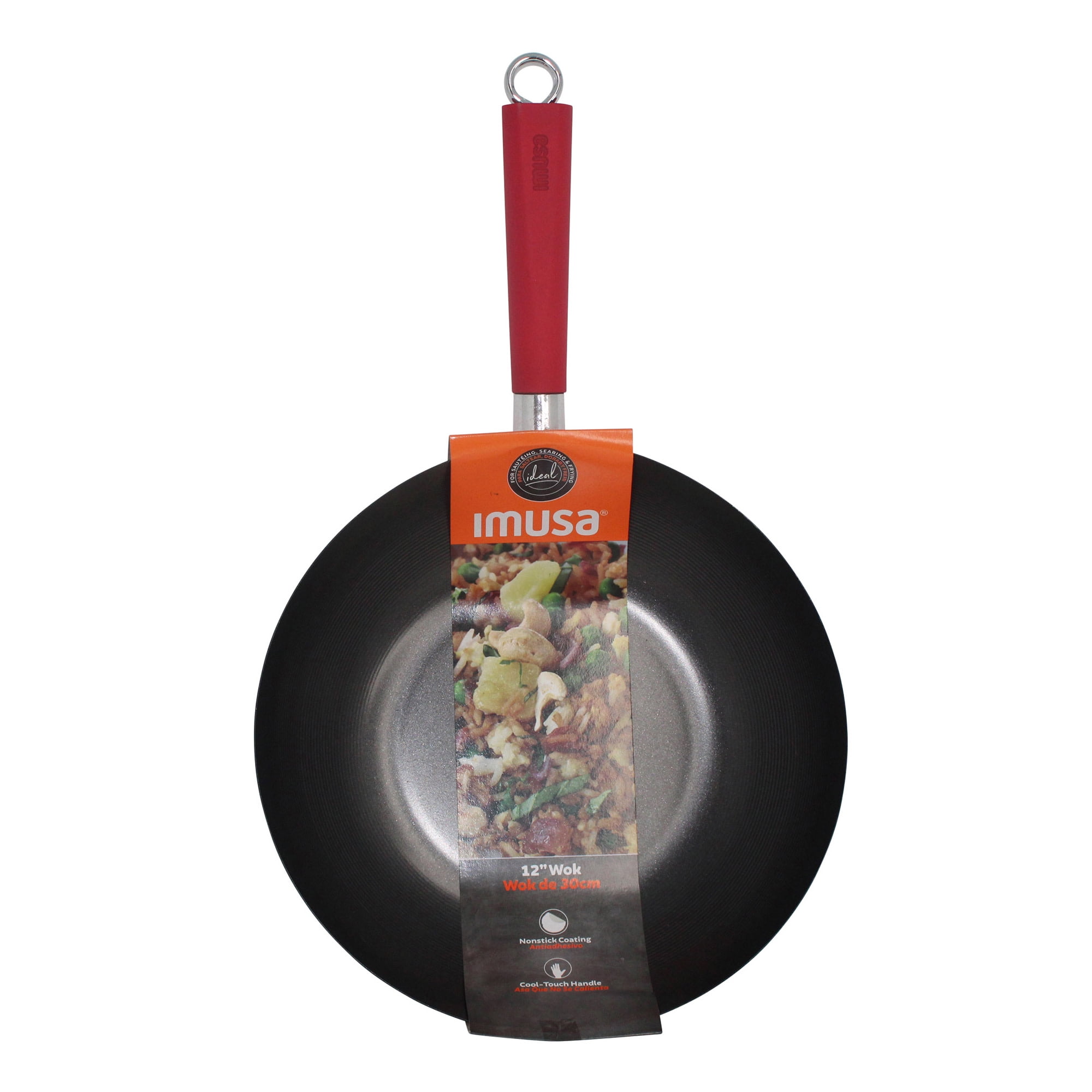 IMUSA 12in Carbon Steel Nonstick Wok with Red Soft Touch Handle, Black