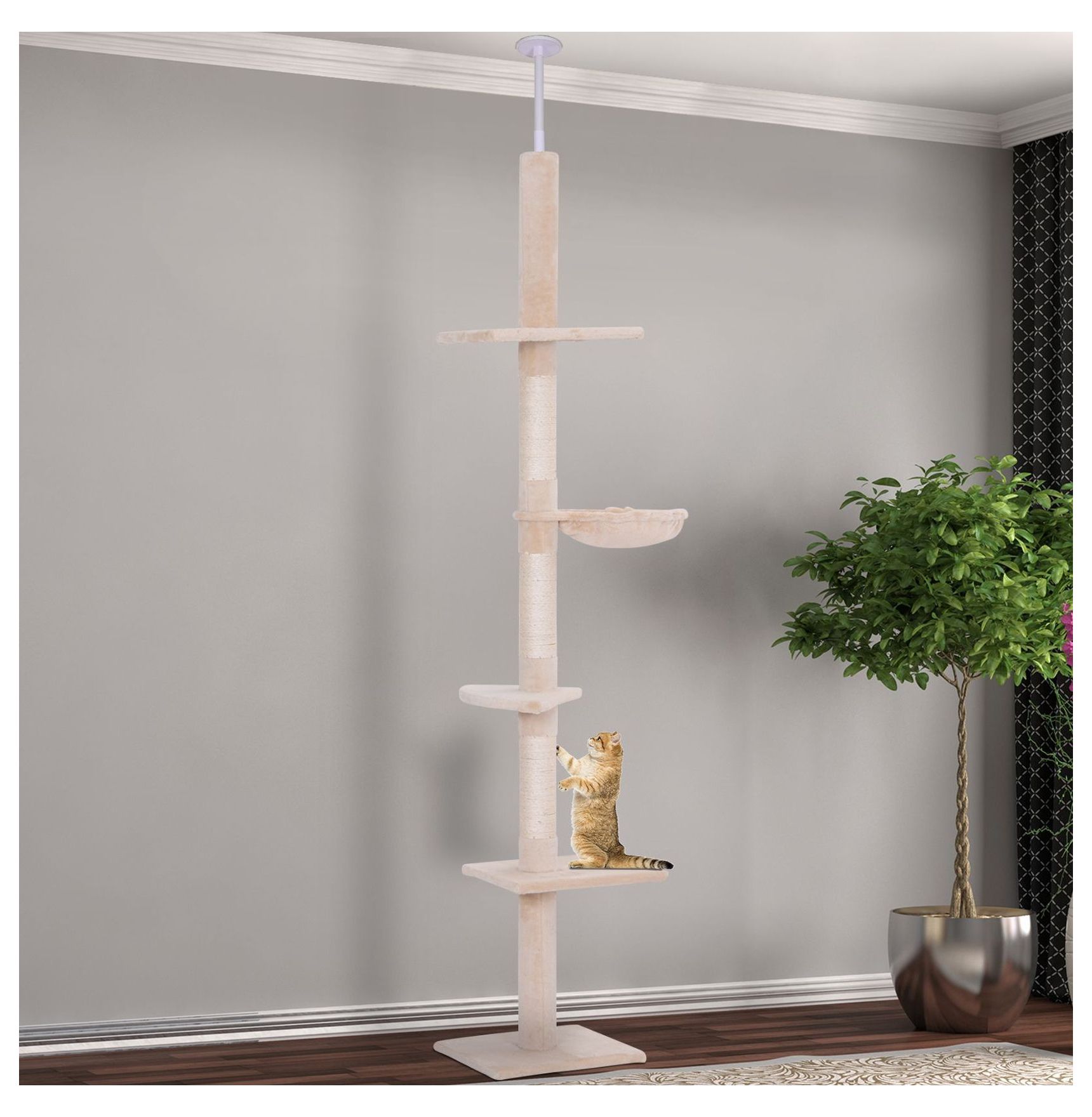 8.5' Cat Tree Floor to Ceiling Adjustable Height, 5 Platform Cat Tower with Sisal Scratching Posts, Beige