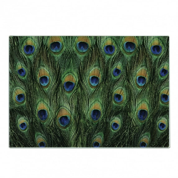 Peacock Cutting Board, Peacock Tail Feathers Tropical Exotic Animals Close-up Picture Art, Decorative Tempered Glass Cutting and Serving Board, Small Size, Green Mustard Navy, by Ambesonne