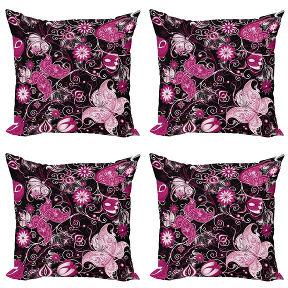 Ambesonne Floral Throw Pillow Cover 4 Pack, Oriental Flowers on Dark, 24", Charcoal Grey Magenta