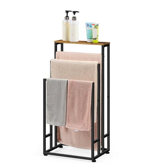 Floor-Standing Towel Rack with brown Wooden Top – Textured Black Iron Frame (Includes 2 Anti-Tip Straps)