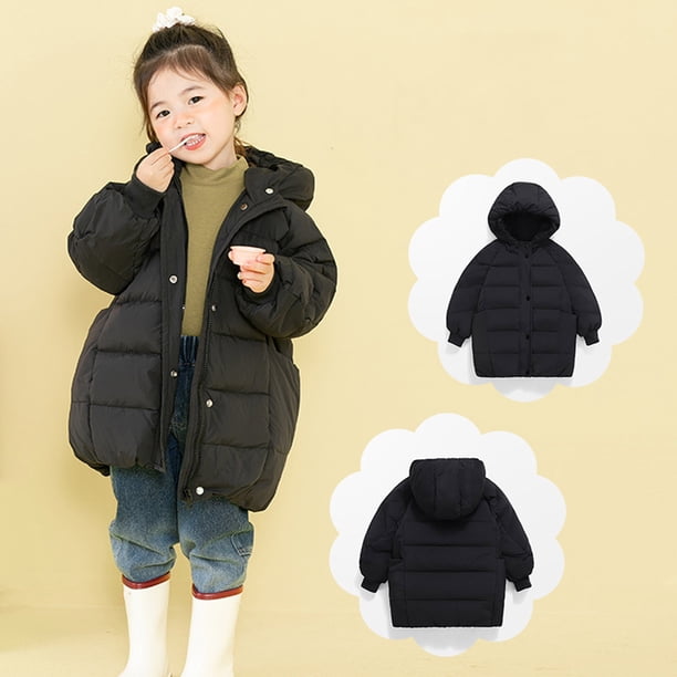 Parkas de manga larga, chaqueta de invierno para niñas, medianas a largas, chaqueta de plumón para niños, medianas a grandes, chaqueta con capucha de color liso, tops de algodón para niños