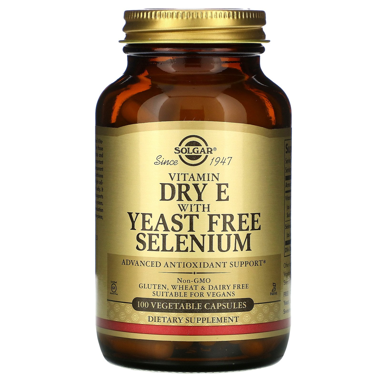 Vitamin Dry E with Yeast Free Selenium, 100 Vegetable Capsules, Solgar