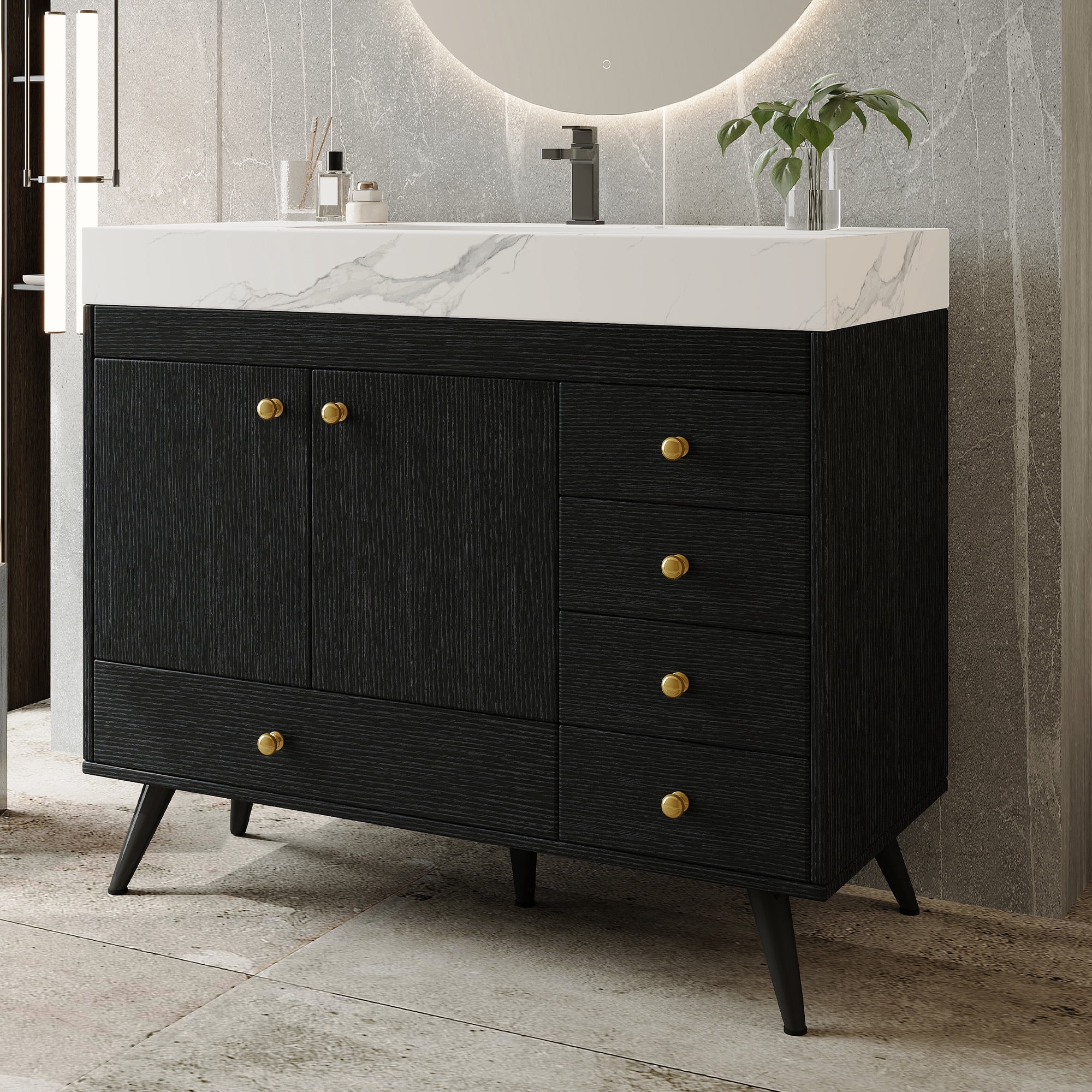 FFZ 36 inch Freestanding Bathroom Vanity Faux Marble Top Ceramic Sink 5 Drawers Stainless Steel Legs