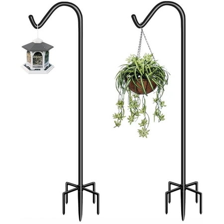 Garbuildman 92 inch Tall Shepherd Hooks with 5-Forked Base, Adjustable Heavy Duty Bird Feeder Pole Stand Hanger for Outdoor, Shiny Black, 2 Pack