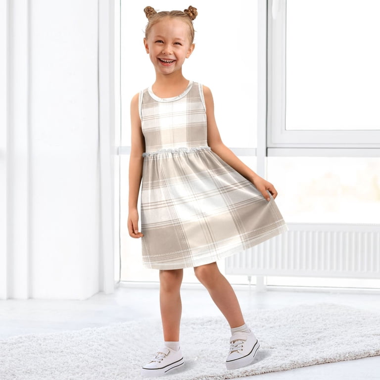 Plaids in Brown and Beige Sleeveless Dress A-Line One-Piece Dress Quick Dry 3T