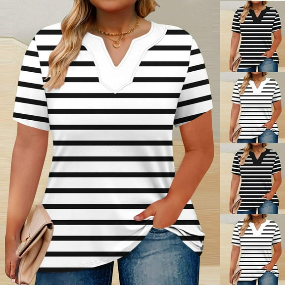GERsome Womens Short Sleeve T-shirts V Neck Plus Size Striped Tops Summer Loose Fit Blouses, Sizes L-5XL