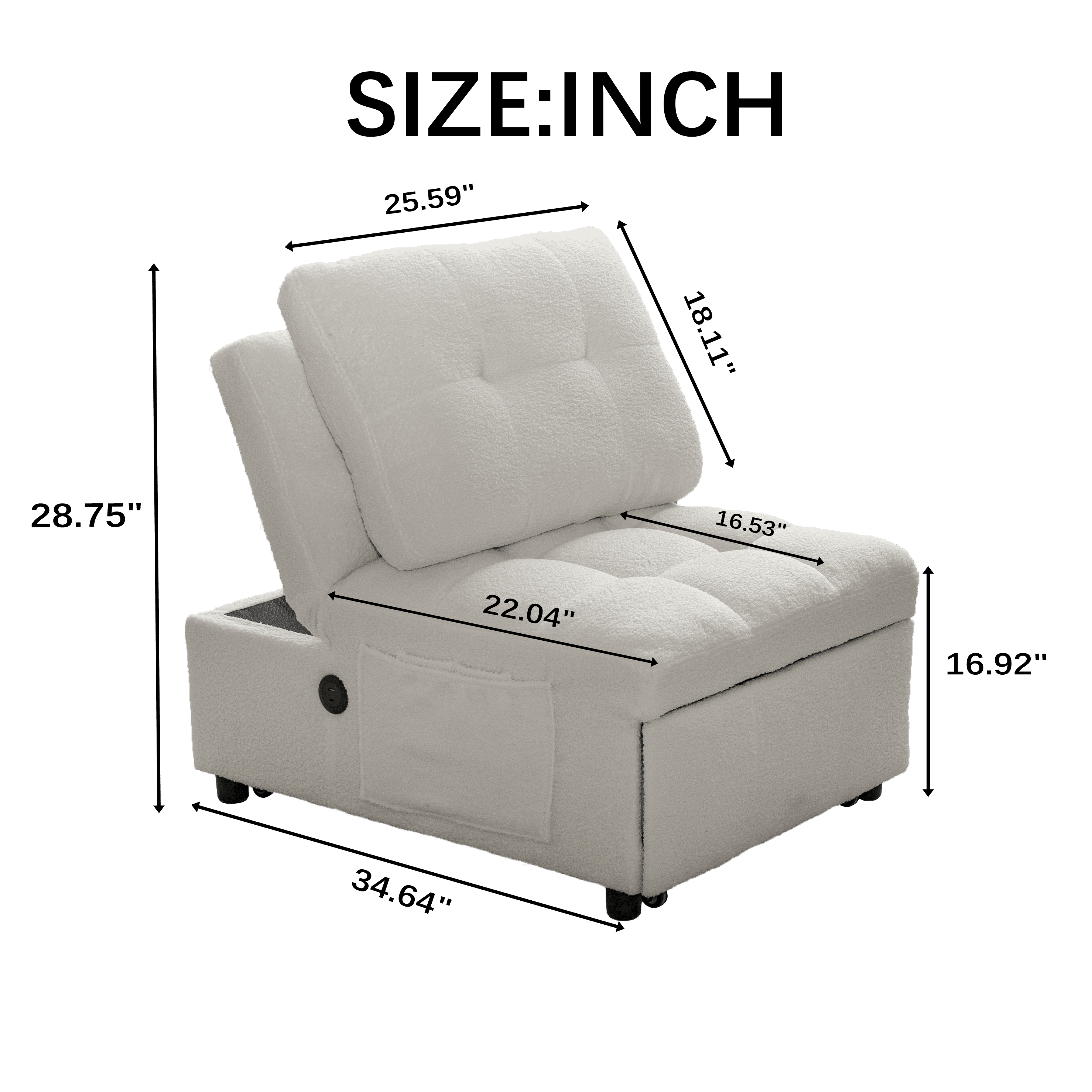 3-in-1 Convertible Sleeper Chair with USB Charging Port,Teddy Pull-Out Futon Sofa Bed Recliner Chair for Living Room, Small Spaces,White