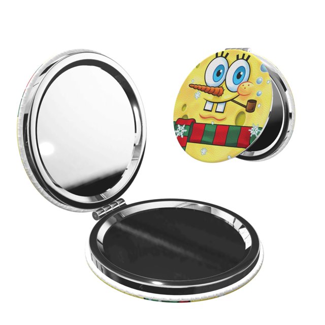 Pofeuu SpongeBob SquarePants Miroir de Maquillage de Poche Portable Couverture en PU Miroir de Voyage Compact avec Verre Double Face Normal et Grossissant - Forme Ronde - Forme Ronde