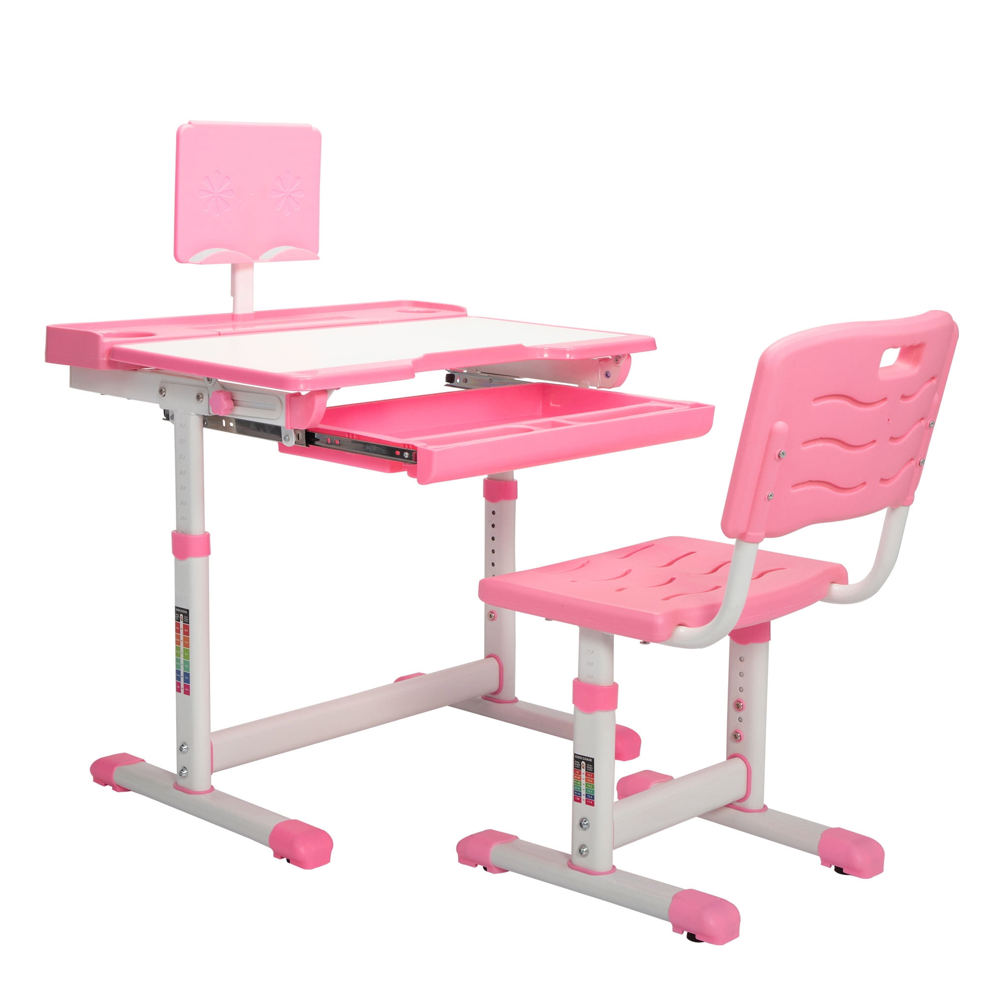 Kids Desk and Chair Set, Height Adjustable Student Study Desk with Drawer for Home Schooling, Pink Kids Desk and Chair Set, Height Adjustable Student Study Desk with Drawer for Home Schooling, Pink
