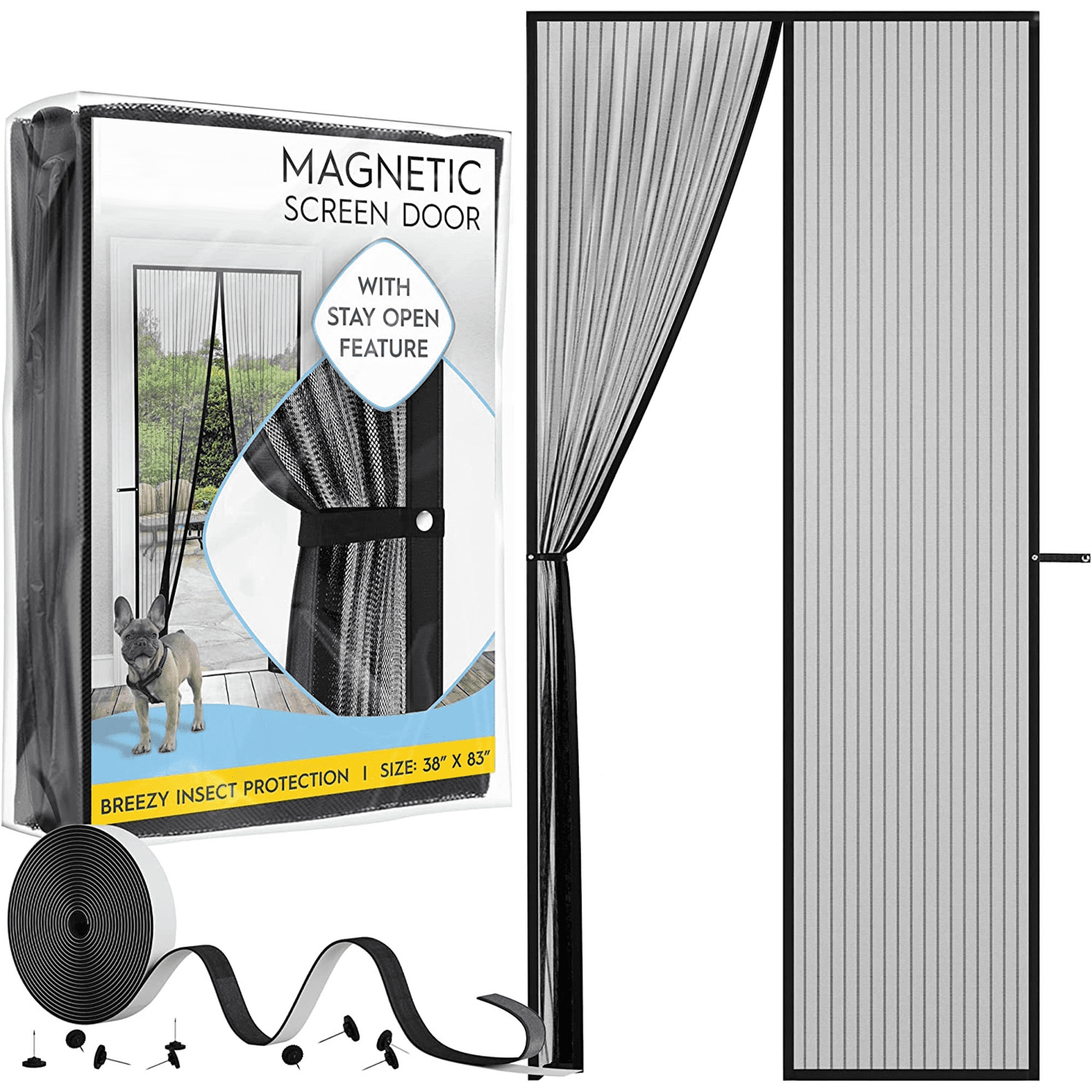 RIOUSERY Magnetic Screen Door - Self Sealing, Heavy Duty, Hands Free Mesh Partition Keeps Bugs Out - Pet and Kid Friendly - Patent Pending Keep Open Feature - 38 Inch x 83 Inch
