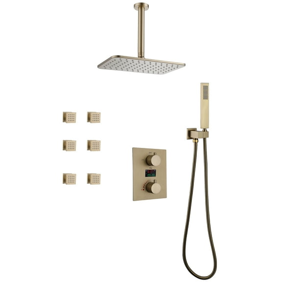 Thermostatic Ceiling Mounted Shower Combo Set with Display Valve Trim Kit, Rainfall Shower Head with Handheld Shower and Massage Body Jets