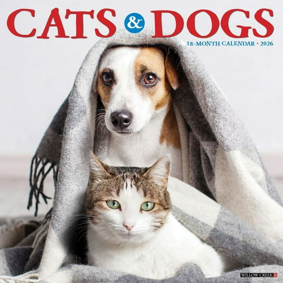 Willow Creek Press, Cats and Dogs 2026 Wall Calendar, 12'' X 12'', 18-Month Calendar with Stapled Binding