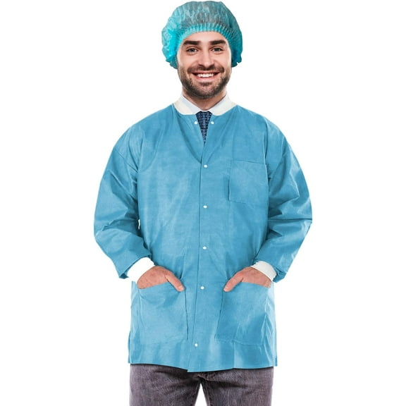 AMZ Supply Disposable Lab Jackets, 33" Long Blue Hip Length Work Gowns XX-Large SMS 50 gsm Pack of 100