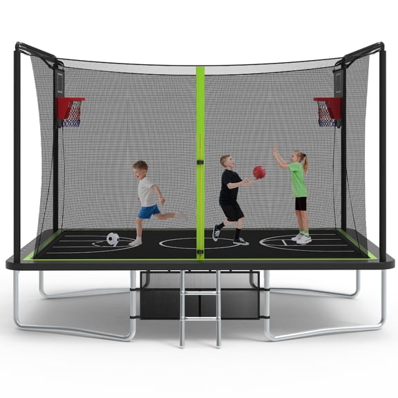 8 ×12FT Large Trampoline for Kids and Adults, SHINPT Outdoor trampoline with 2 Basketball Hoops, Big Trampoline with 360° Safety Net, Kids Trampoline Outdoor with Football Net with 1600LBS Capacity