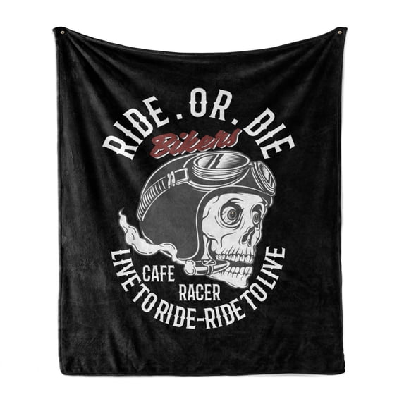 Skull Smoking Soft Flannel Fleece Throw Blanket, Vintage Art Grunge Style Skeleton Head Wearing Bicycle Hat Image, Cozy Plush for Indoor and Outdoor Use, 60" x 80", Grey and Multicolor, by Ambesonne