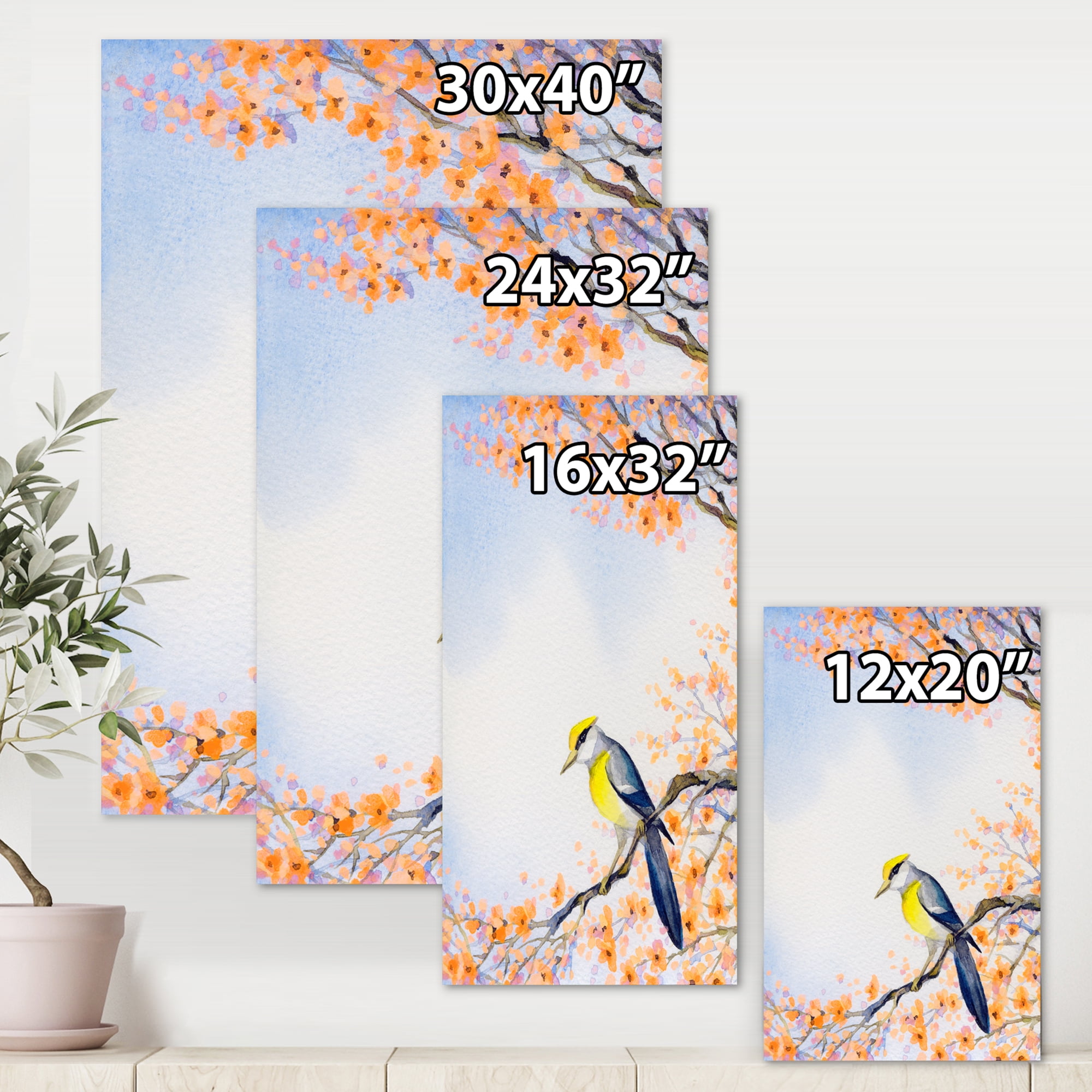 Designart ' Beautiful Blue Bird Sitting On Flowering Branch II ' Traditional Canvas Wall Art Print