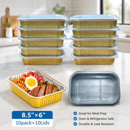 Heavy Duty Aluminum Foil Pans with Lids 10-Pack, 2LB Small Disposable Foil Containers 8.5"×6", Oven & Microwave Safe, Gold Takeaway Food Pans