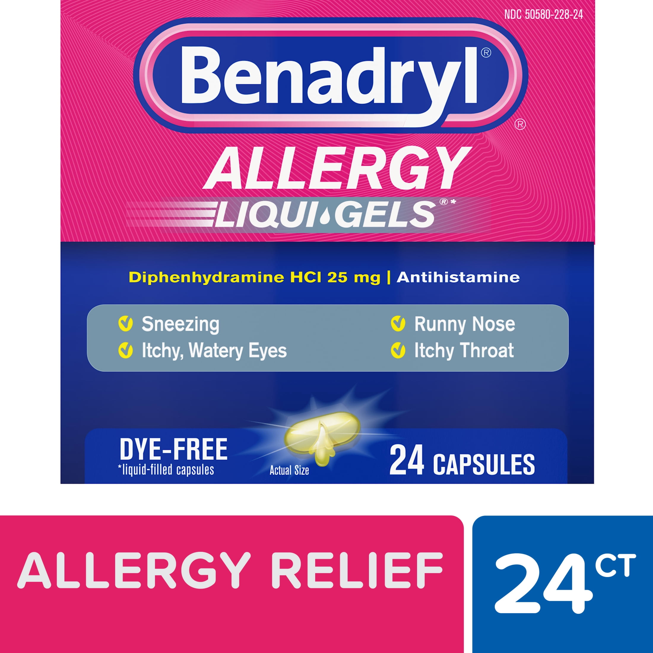 Benadryl Liqui-Gels Allergy Medicine, Diphenhydramine, Dye Free, 24 Count