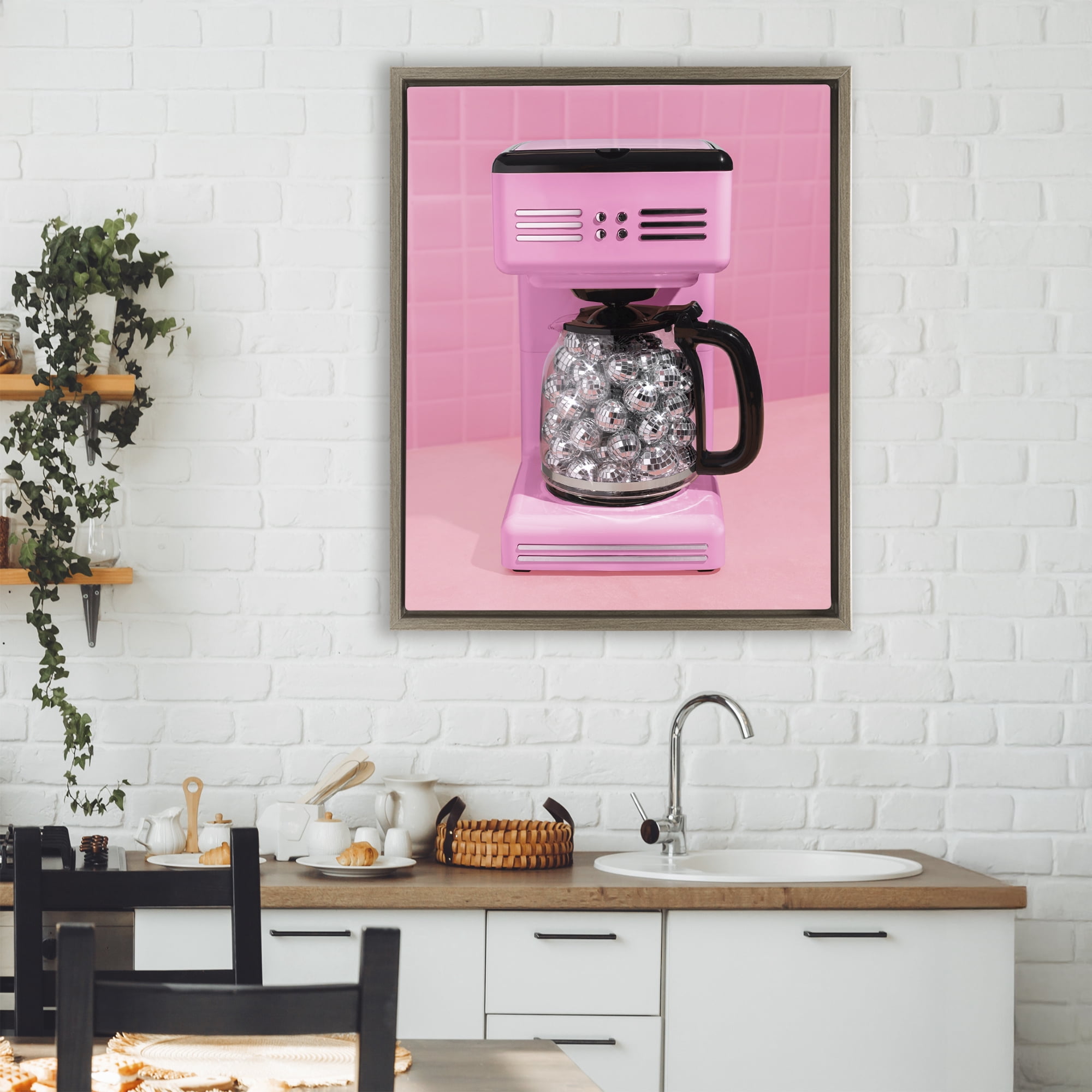 Stupell Industries Disco Coffee Over Pink Brown Framed Floater Canvas Wall Art, design by LISH Creative