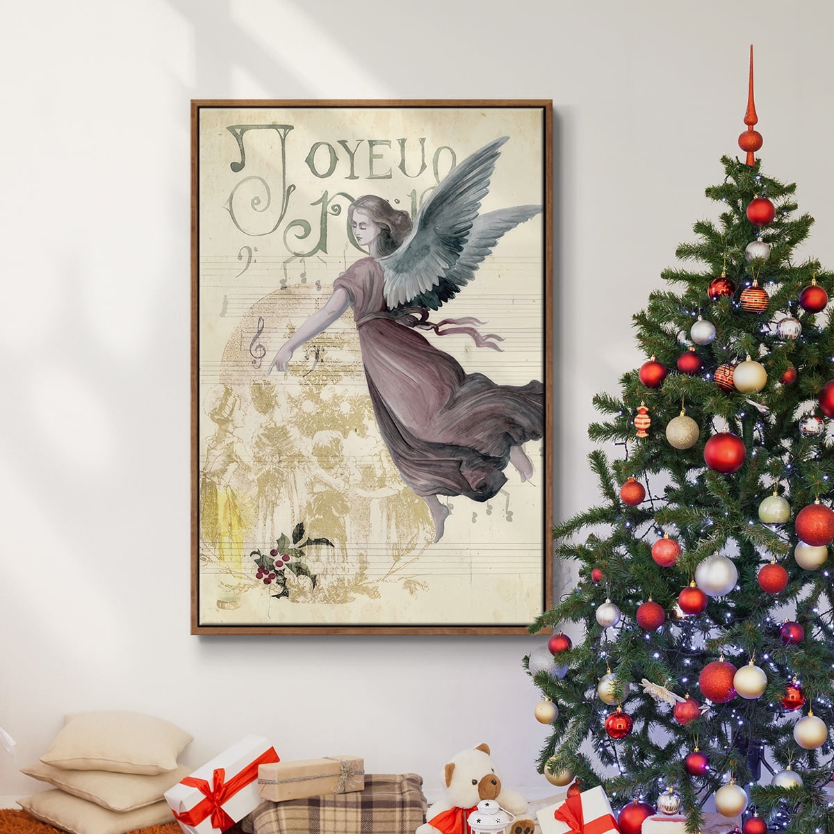 Christmas Greetings Collection B - Framed Gallery Wrapped Holiday Canvas - 27 x 41 - Rosewood Frame
