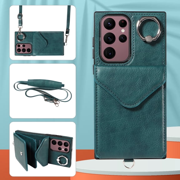 Galaxy S22 Ultra Case with Ring Holder Stand, Allytech Classic PU Leather Back Cover with Cards Holder Shockproof Detachable Shoulder Strap Wallet Case for Samsung Galaxy S22 Ultra - Green